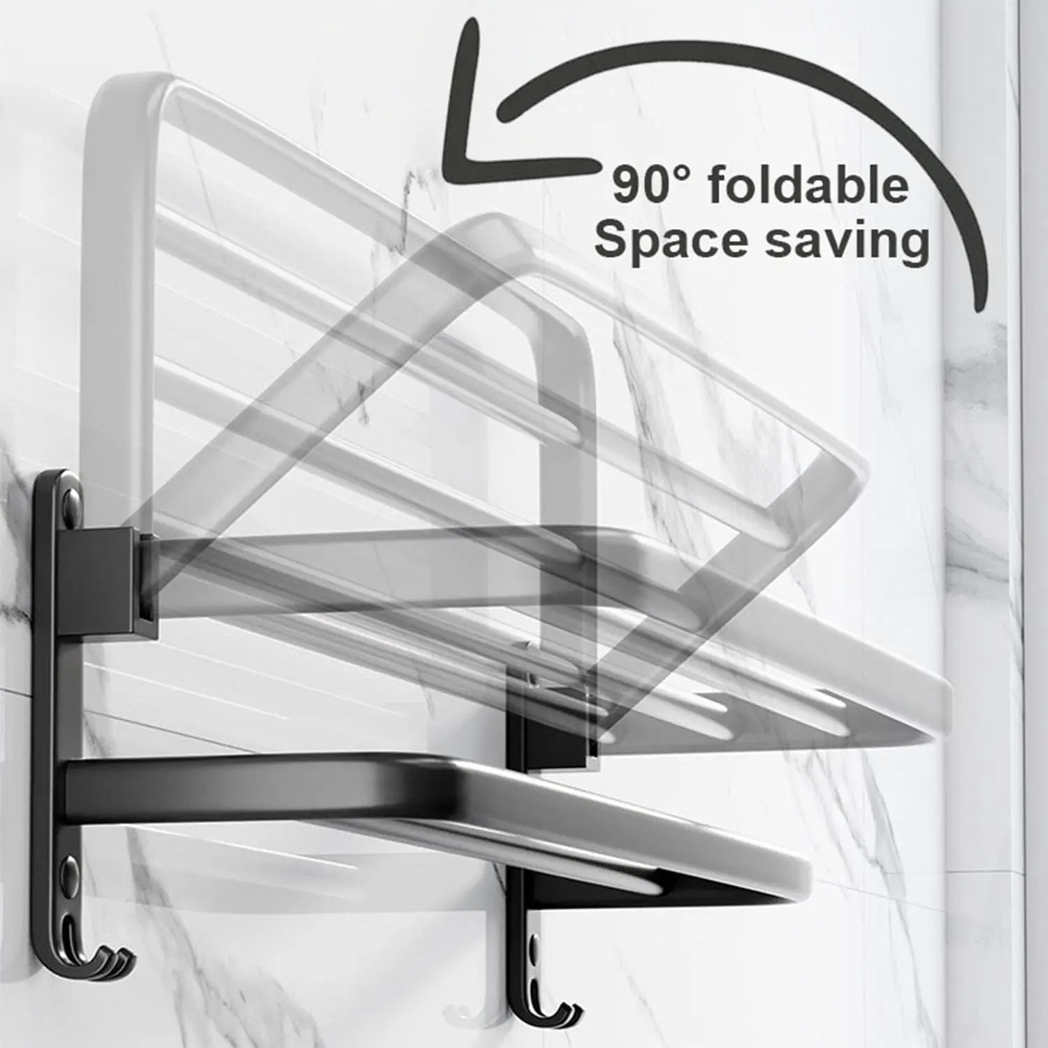 50 cm (19.7 in) Matte Black Folding Wall-Mount Aluminum Towel Rack with Hook, Double Bar