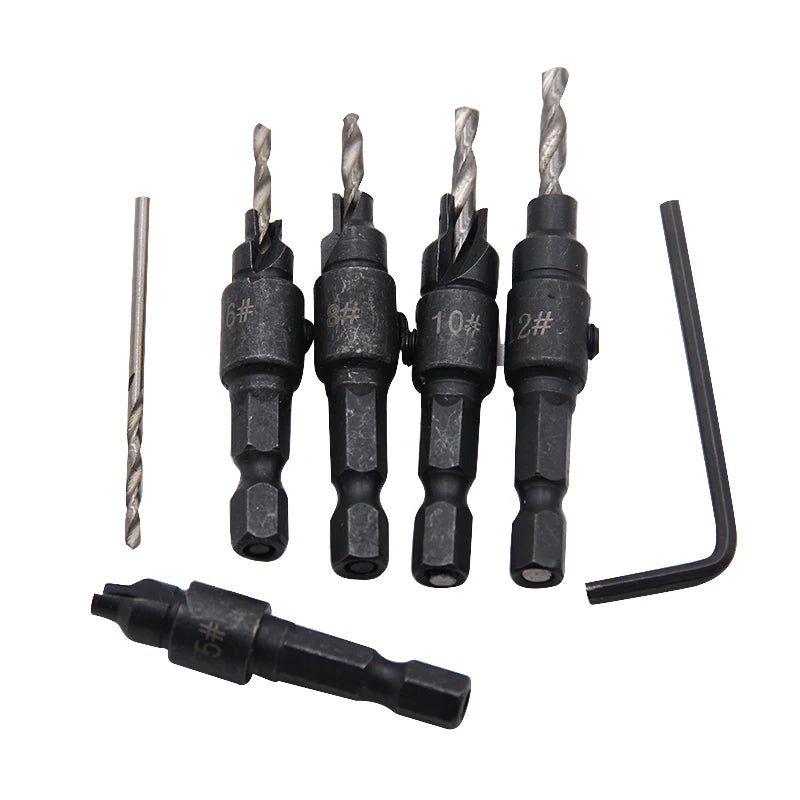 5pc Hex Shank Countersink & Taper Drill Bit Set for Wood (56–69mm) – Screw Hole Opener & Reamer