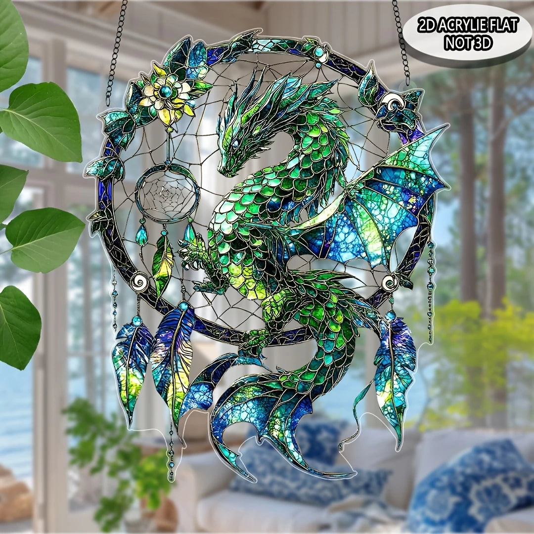 Fantasy Dragon Acrylic Sun Catcher – Green & Red 2D Hanging Window and Door Dreamcatcher Home Decor Gift