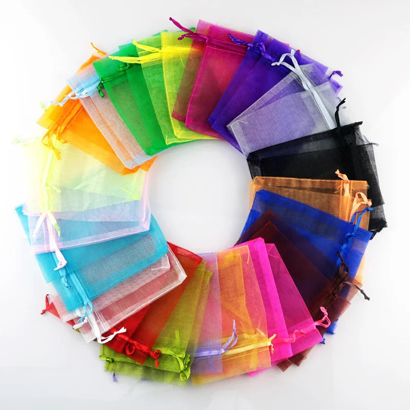 100-Pack Organza Drawstring Bags Assorted Sizes (7x9, 9x12, 10x15, 13x18 cm / 2.8x3.5, 3.5x4.7, 3.9x5.9, 5.1x7.1 in) - Jewelry & Gift Pouches for Wedding Party