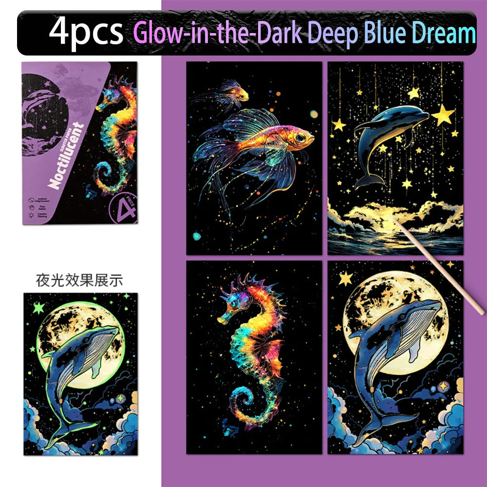 DIY Scratch Art Postcards A5 (20 x 14 cm | 7.9 x 5.5 in) 4‑Pack Night Scene Rainbow Scratch‑Off Sheets with Bamboo Stylus — Kids & Adult Craft Gift