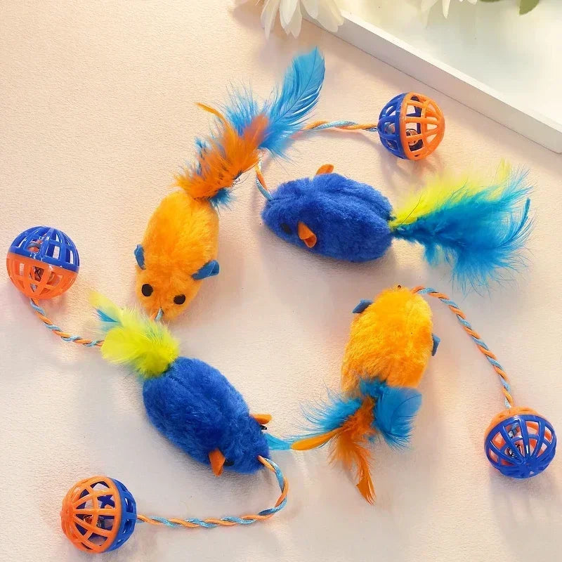 Feather Mouse Cat Toy with Bell and String, Squeak Ball Teaser 30 x 4 cm (11.8 x 1.6 in)