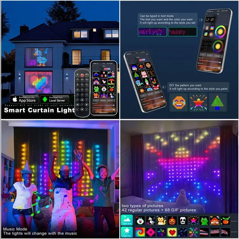 LED Smart Curtain Lights 400-LED RGB Fairy Curtain – App & Music Sync, Remote, IP65 Waterproof (3m×3m / 9.8×9.8ft • 2m×2m / 6.6×6.6ft • 1m×1m / 3.3×3.3ft)