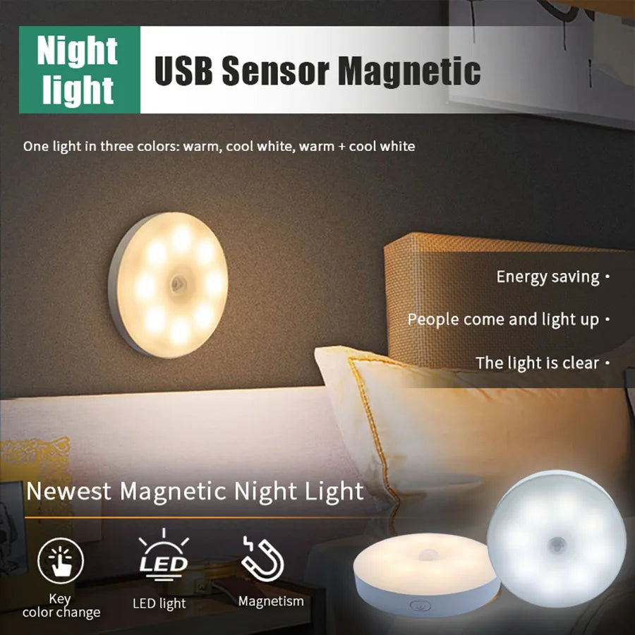 Smart USB Rechargeable LED Night Light with Motion Sensor for Bedside, Hallway, Pathway, Bathroom