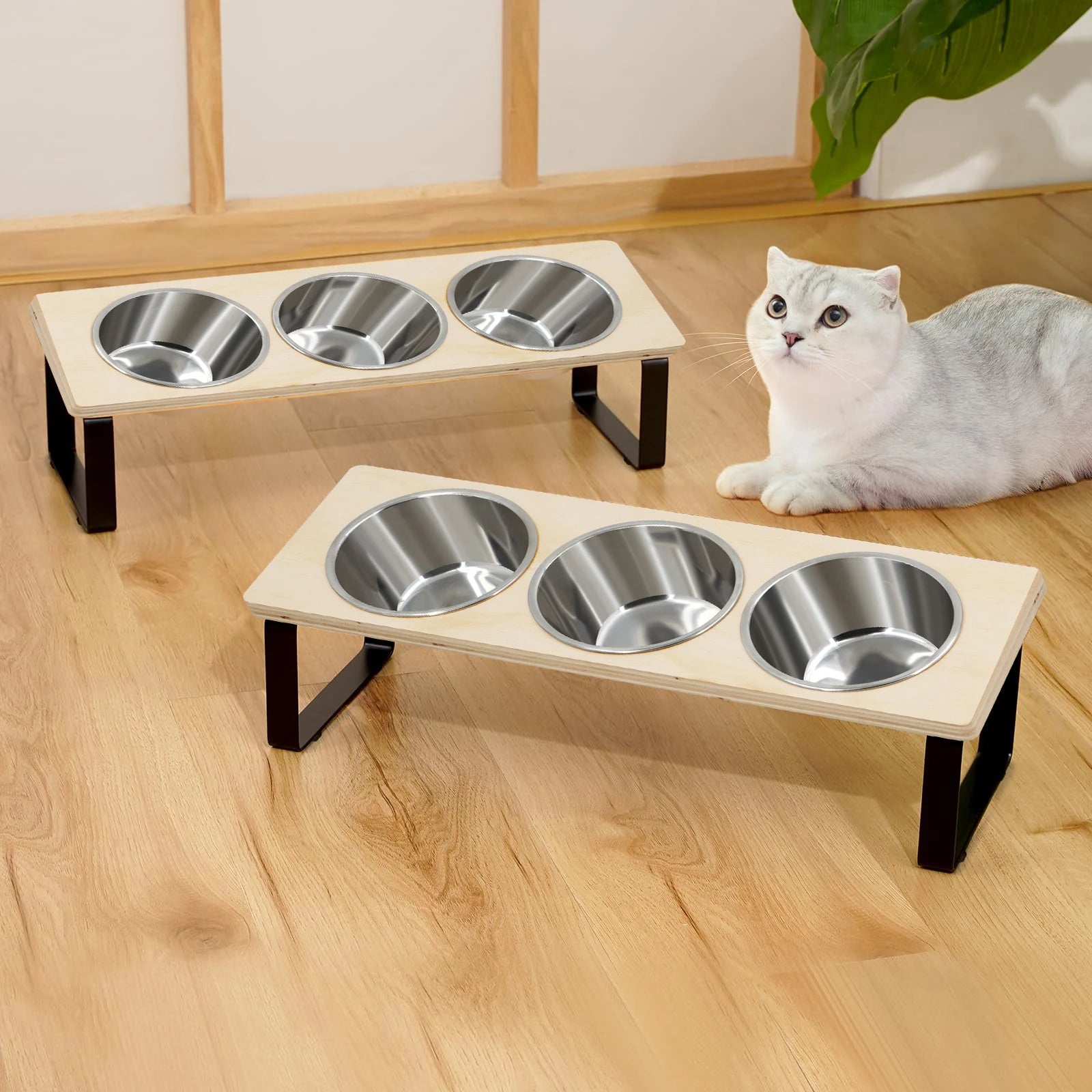 Elevated 15° Tilted Pet Feeder – 3 Stainless Steel Bowls (18 oz / 530 ml) Wooden Stand for Cats & Small Puppies