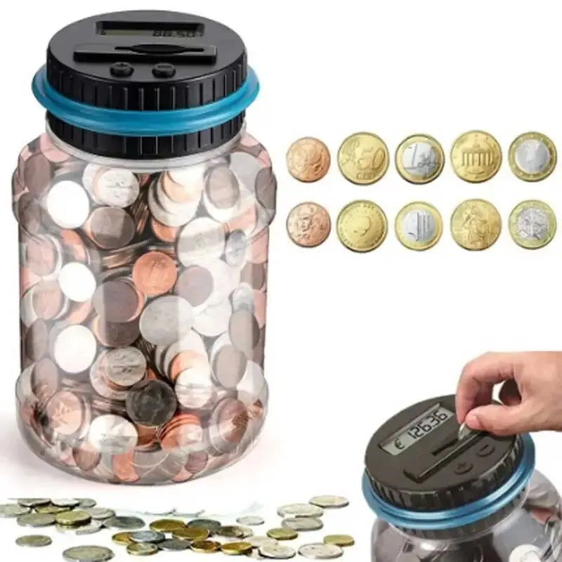1.8L (61 fl oz) Smart Coin Counter Jar - Transparent Large Capacity Money Bank for USD, Euro, Pound Sterling