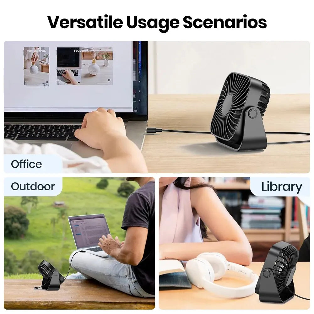 4-Inch (10 cm) USB Mini Portable Fan - 3-Speed Quiet Desk & Camping Fan, 360° Adjustable Personal Table Fan for Home & Office