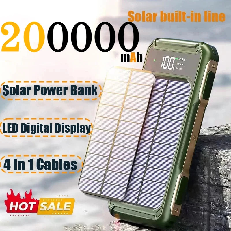 200000mAh Solar Power Bank — 4-in-1 Built-in Cables, Fast Charge, Digital Display & LED Emergency Light