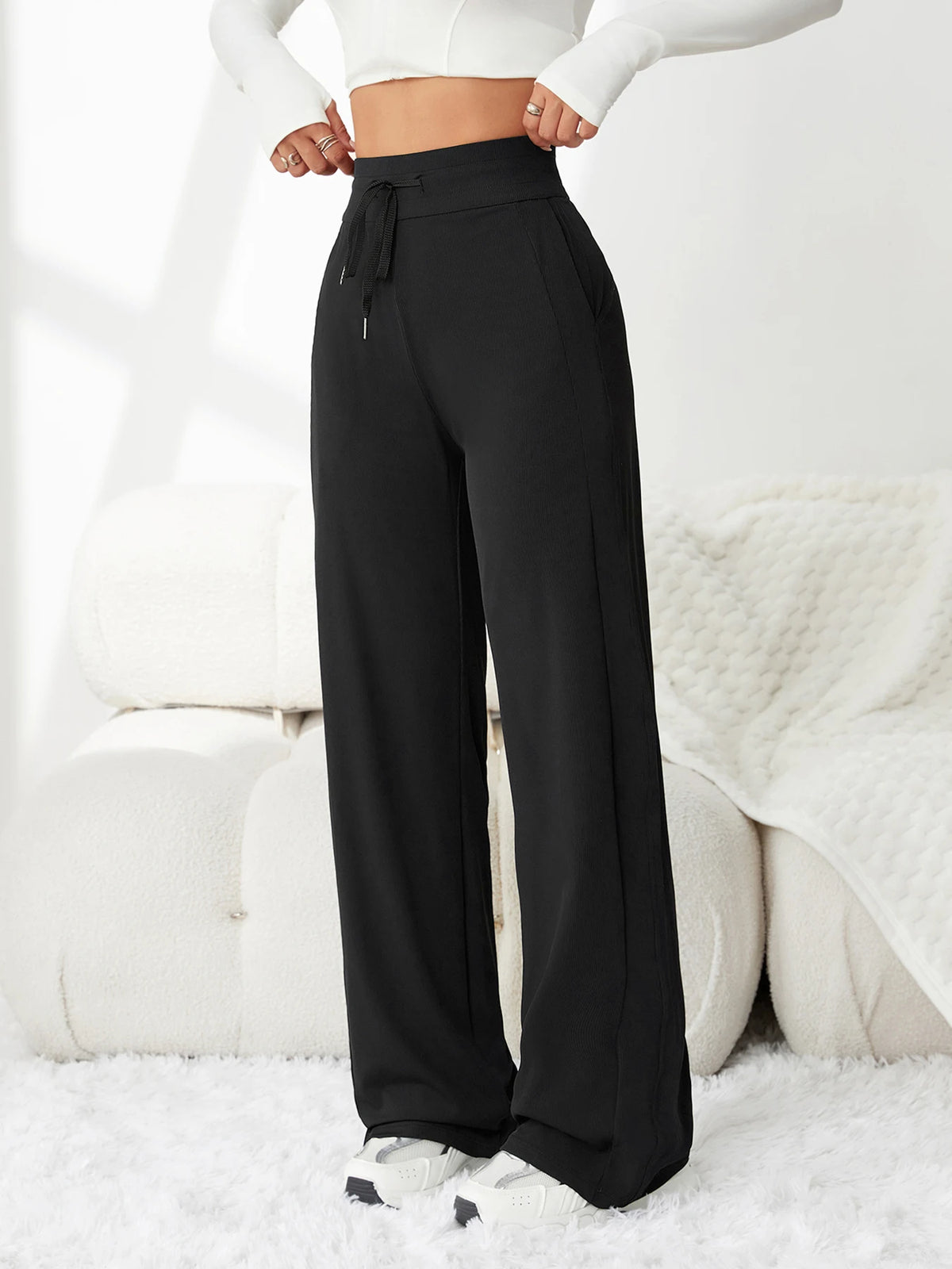 Women's High-Waist Drawstring Striped Pants, Slim Stretch Knit Pencil Pants for Yoga & Casual Wear
