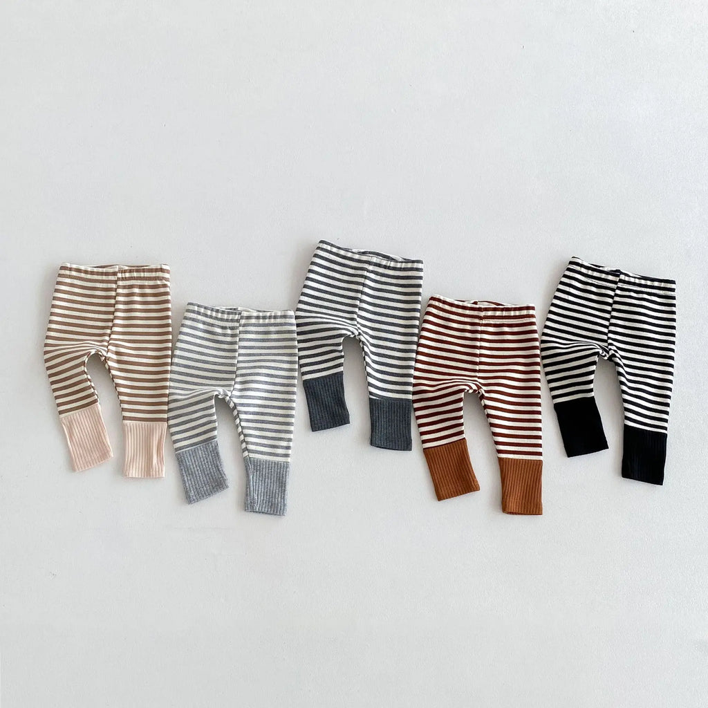 Cotton Patchwork Baby Leggings – Candy Color Striped Pants for Infants 12–36 Months, Unisex Elastic Waist