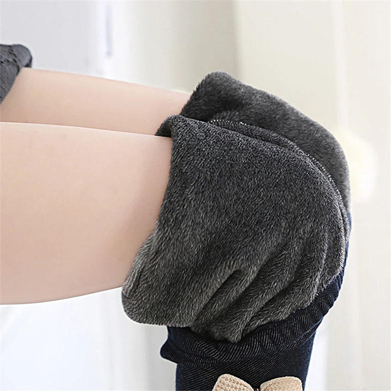 Girls Winter Thick Velvet Bow Leggings, Warm Fleece-Lined Jeans-Style Trousers for Kids