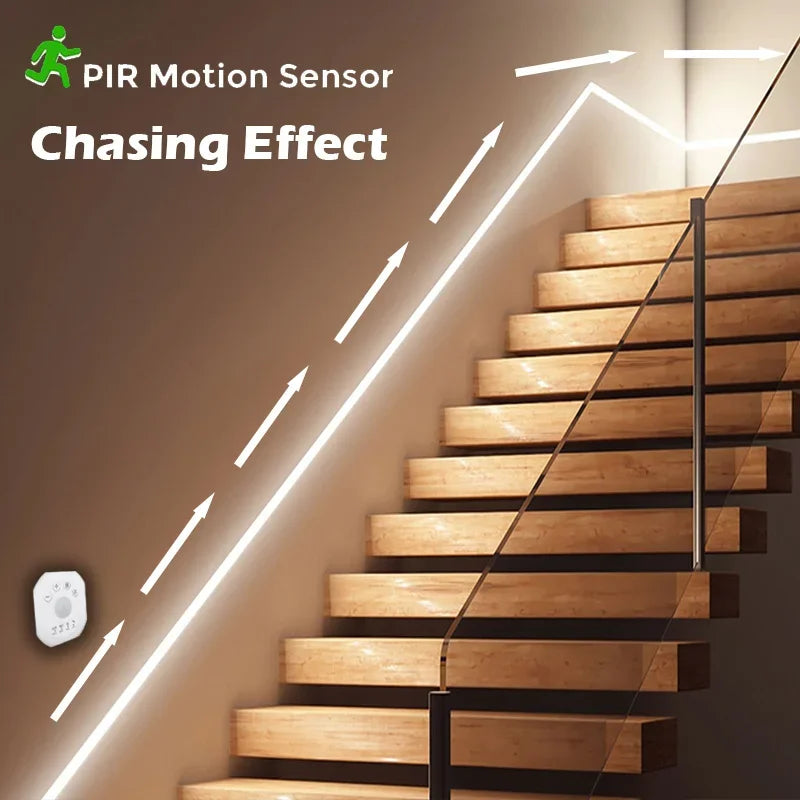 USB 5V Motion Sensor LED Strip Light – Chase Effect, 1–5 m (3.3–16.4 ft) Motion-Activated Under-Cabinet, Stair & Under-Bed Lighting