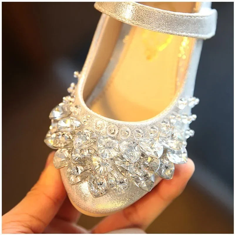 Girls Crystal Princess Flats – Shiny PU Leather Party & Wedding Shoes for Kids, EU Sizes 26-36 (Gold Pink Silver)