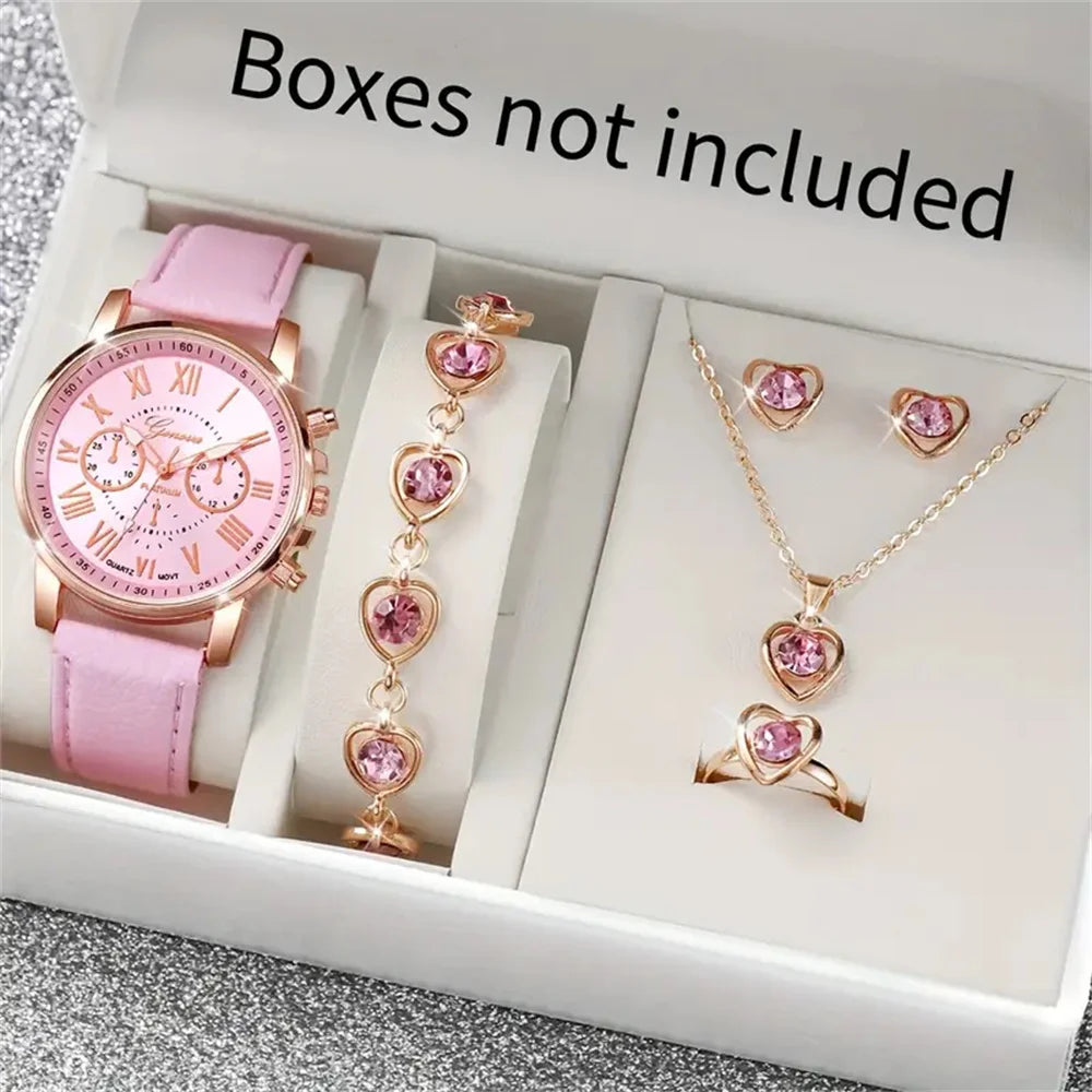 6-Piece Women's Quartz Watch Set — Leather Bands, Heart Rhinestone Analog Watches, 42mm (1.65in) Dial