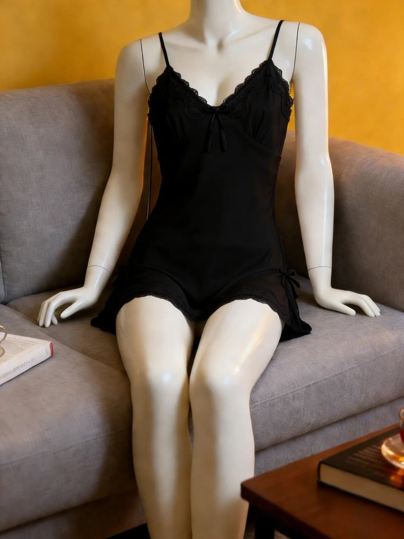 Women's Satin Lace Trim Slip Nightdress Spaghetti Strap Silky Nightgown Sleepwear
