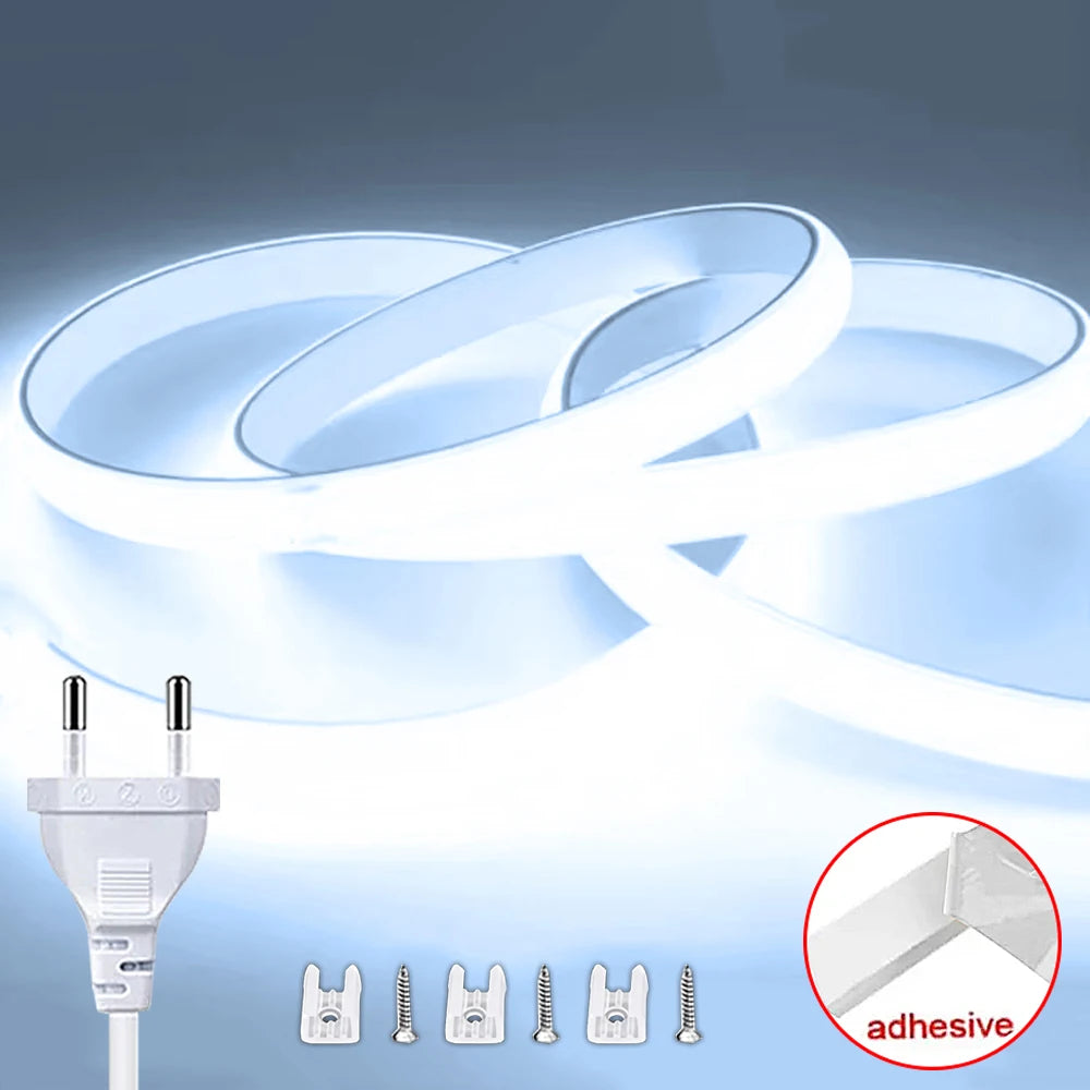 COB LED Strip Light 220V EU Plug Waterproof Flexible Tape High Brightness for Bedroom, Outdoor & Garden