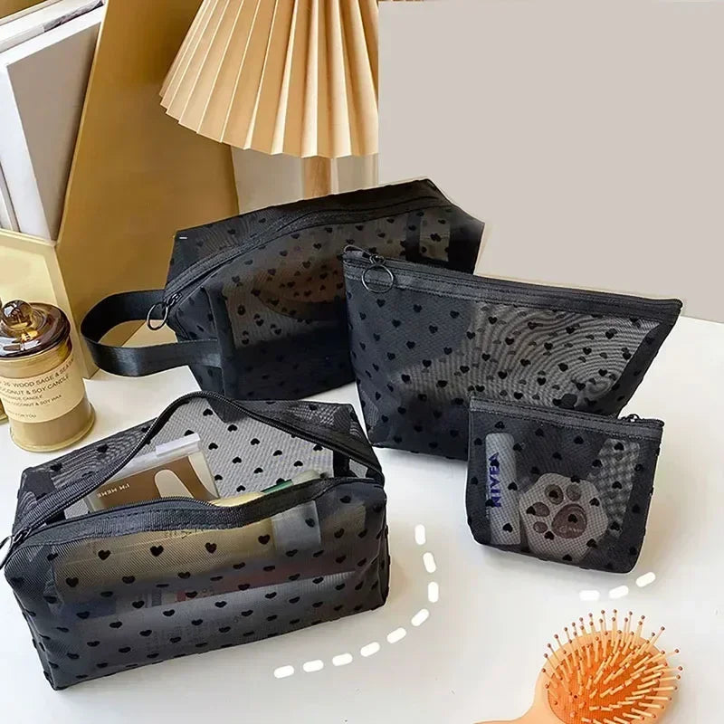 Heart-Shaped Mesh Cosmetic Bag - Zipper Toiletry Makeup Pouch for Women, Coin & Lipstick Organizer