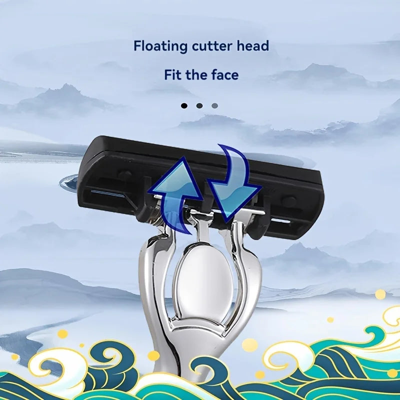 6-Layer Stainless Steel Safety Razor Set for Men - Replaceable Blade Head, Manual Shaving