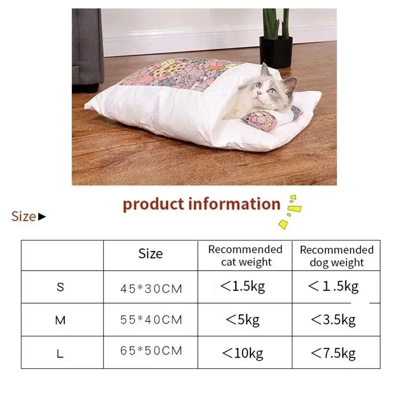 Kawaii Cat Cave Bed with Removable Cover – Plush Pet House for Cats & Small Dogs (S/M/L, 45–65 cm / 17.7–25.6 in)