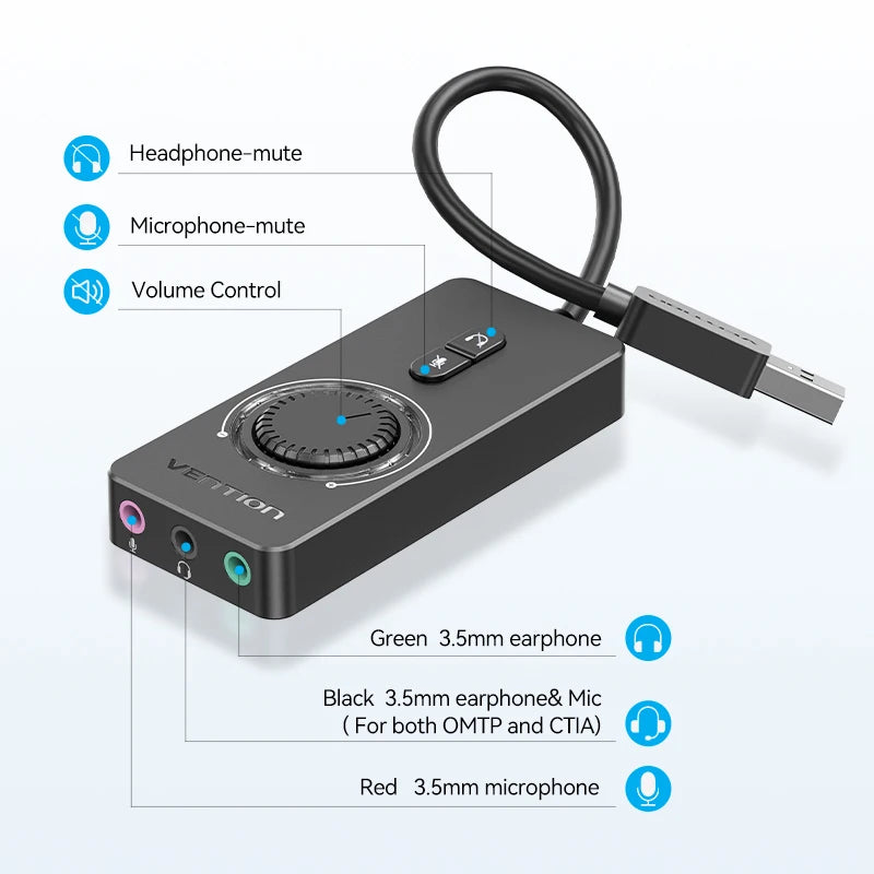 USB External Sound Card - USB to 3.5mm Audio Adapter with Volume Control, Mic & Headphone Splitter, 16-bit 48KHz
