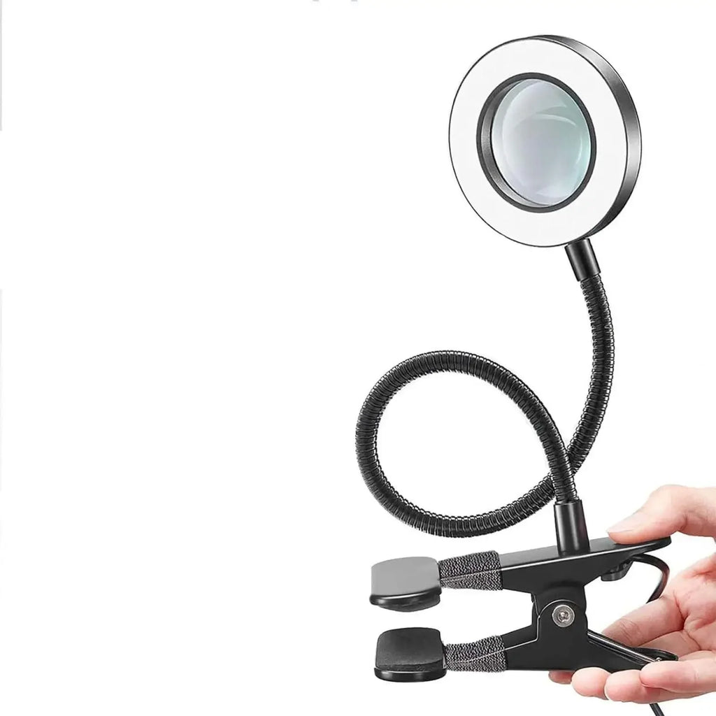 10X Clip-On Magnifying Lamp with LED Light for Manicure, Embroidery & Eyelash Extensions - Black White Silver