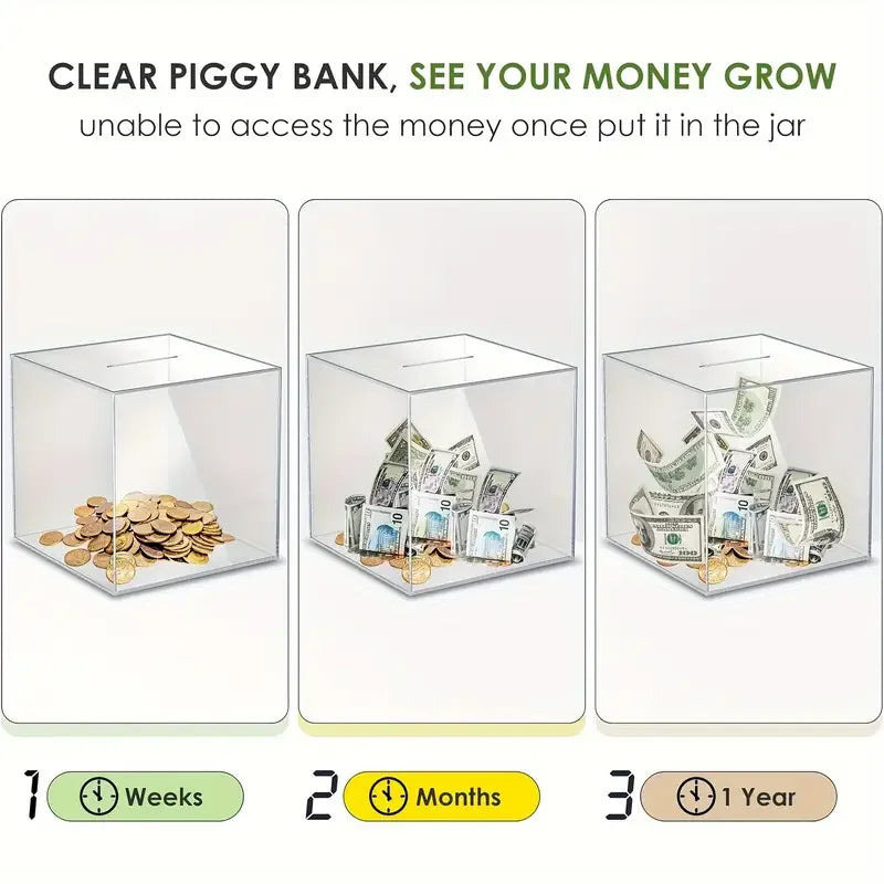 Clear Acrylic Piggy Bank for Adults - Break-to-Open One-Way Money Saving Bank