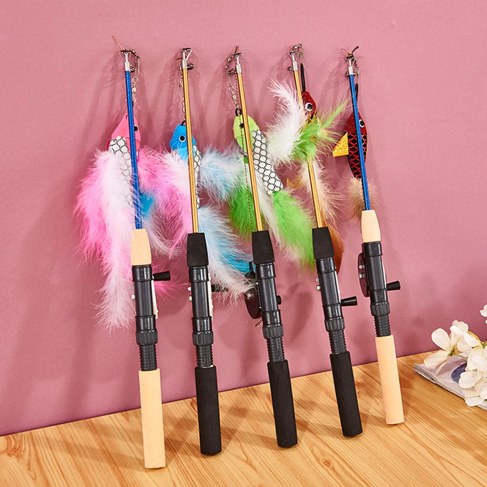 Retractable Telescopic Cat Wand Toy - Feather Fish Teaser for Interactive Play (Cats & Kittens)