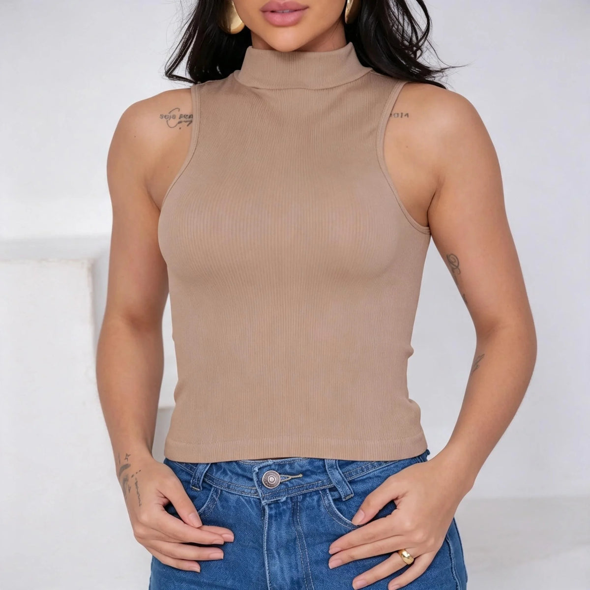High Neck Ribbed Sleeveless Tank Top with Cutout Shoulder, Chic Women's Summer Knit