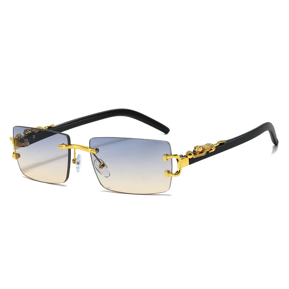 Rimless Rectangular Sunglasses with Cheetah Accent, UV400 Sun Protection, Unisex