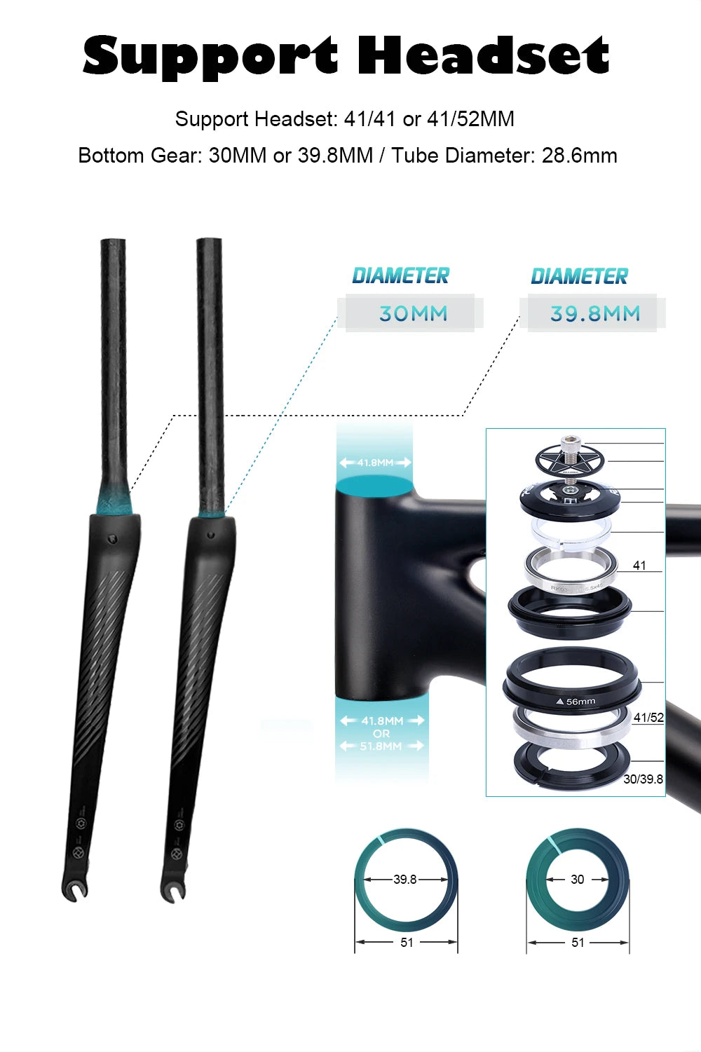 Carbon Fiber Road & Gravel Bike Front Fork - Quick Release, 28.6mm Steerer, Fits 700C Tires up to 55C
