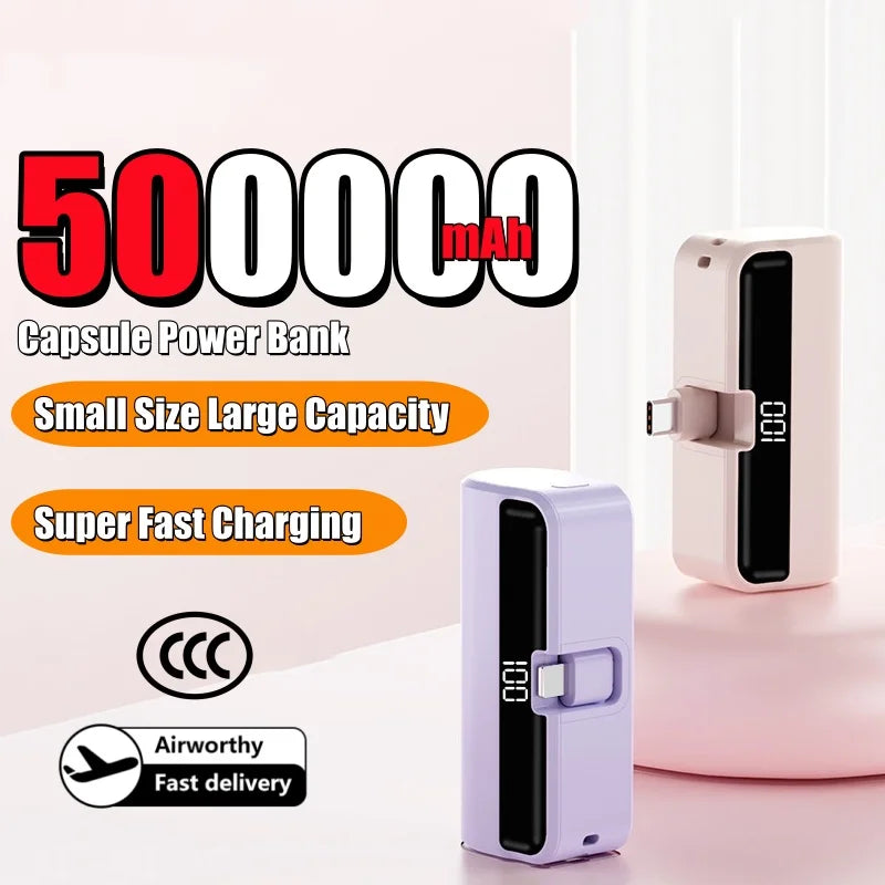 50000mAh Capsule Power Bank – Portable High-Capacity Fast Charger with Built-In Cables & Digital Display for iPhone Samsung Android