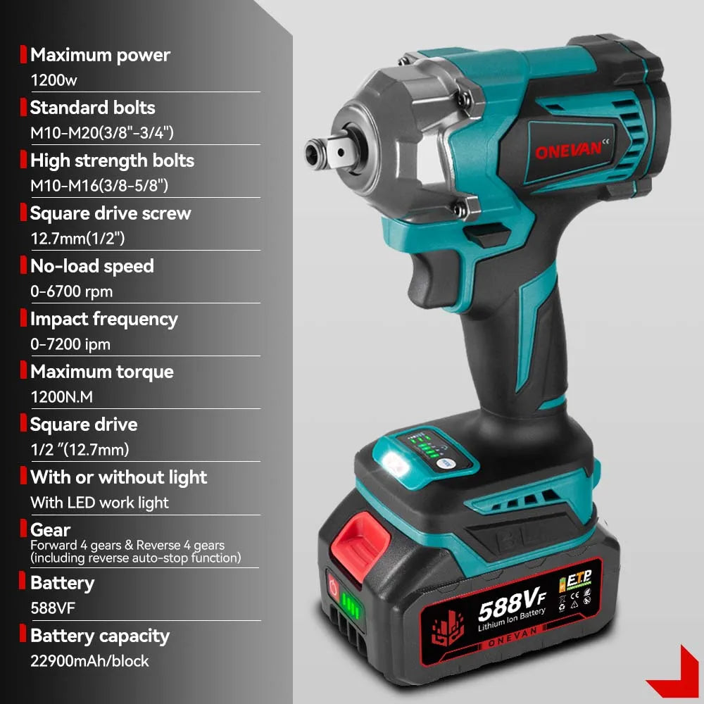 1200 N·m Brushless 1/2-Inch (12.7 mm) Cordless Impact Wrench – 18V Compatible, 3-Mode Portable Torque Tool