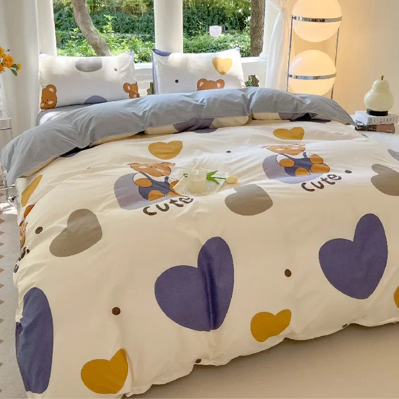 Kawaii Bear Floral Duvet Cover Bedding Set – 3PC/4PC Duvet Cover, Bed Sheet & Pillowcases | Full Queen King (Multiple Sizes)