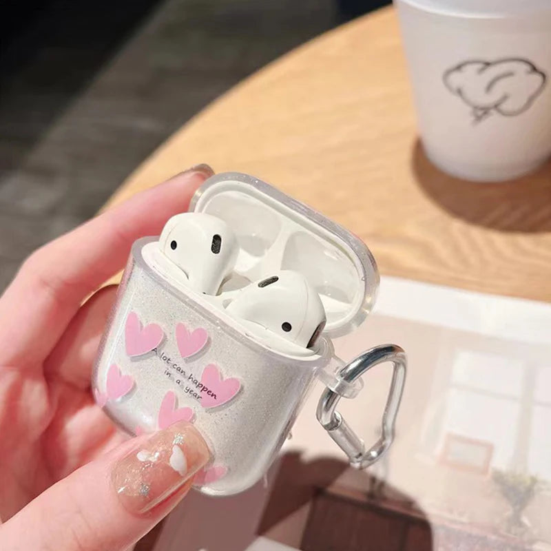 Glitter Heart Silicone Protective Case for Wireless Earbud Charging Case — Soft TPU Pink Cartoon Cover