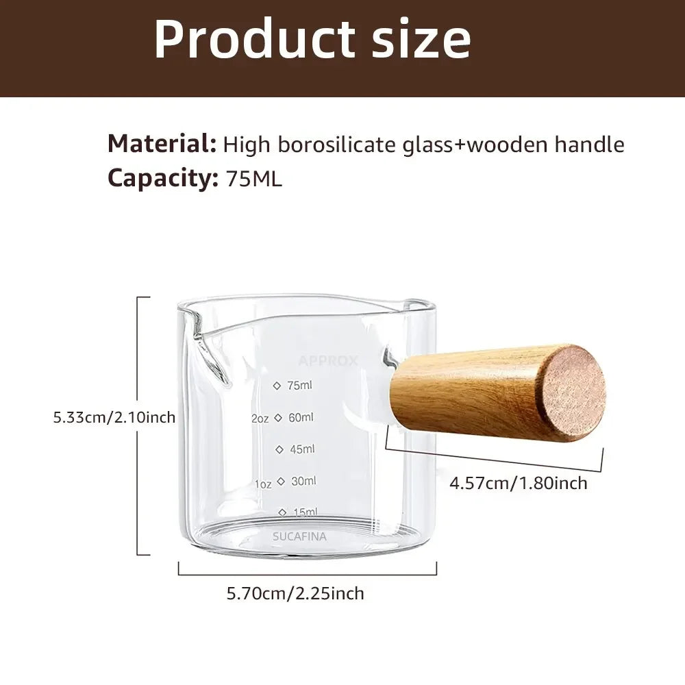 Heat-Resistant Glass Measuring Cup with Wood Handle - Clear Espresso & Milk Pouring Pitcher