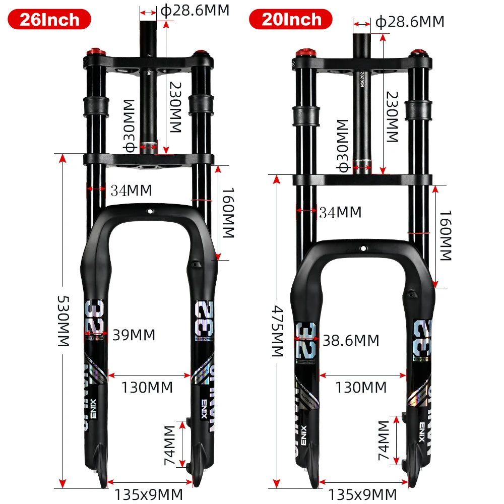 E-Bike Snow Front Suspension Fork 20x4.0 / 26x4.0 in | 135mm Dropout | Air + Oil MTB Fork, 330mm Travel