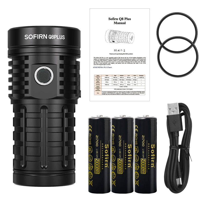Super Powerful 16,000 Lumen LED Flashlight USB-C Rechargeable 3×21700 Batteries Reverse Charging IP68 Outdoor Tactical