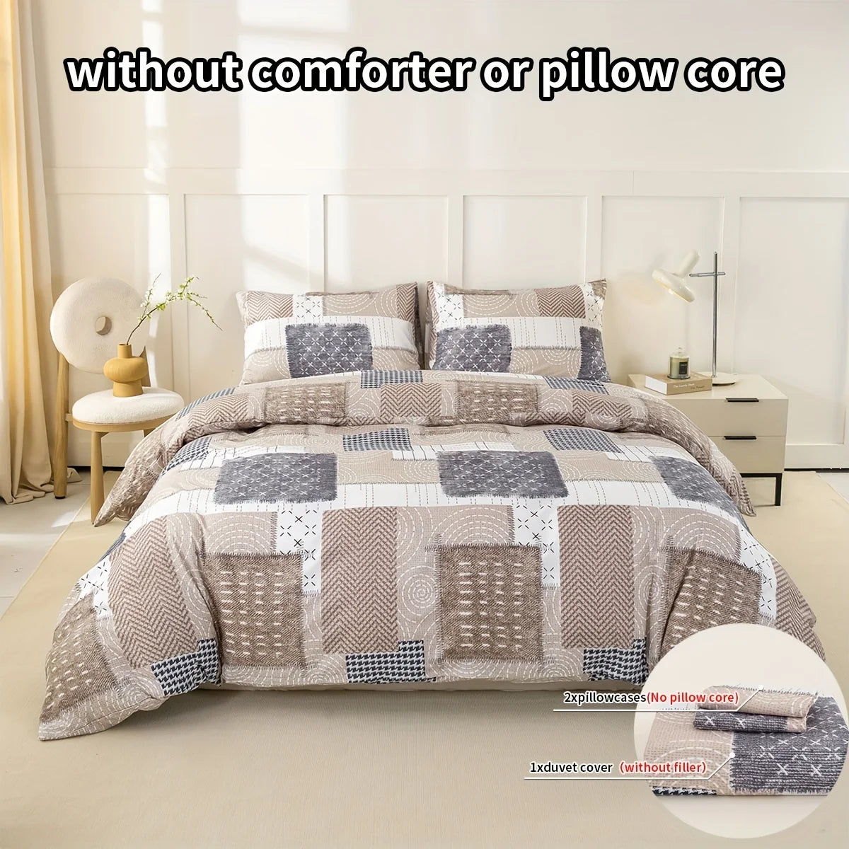 3-Piece Patchwork Print Duvet Cover Set — Soft Skin-Friendly Polyester Bedding (1.0–2.0 m | 3.3–6.6 ft)