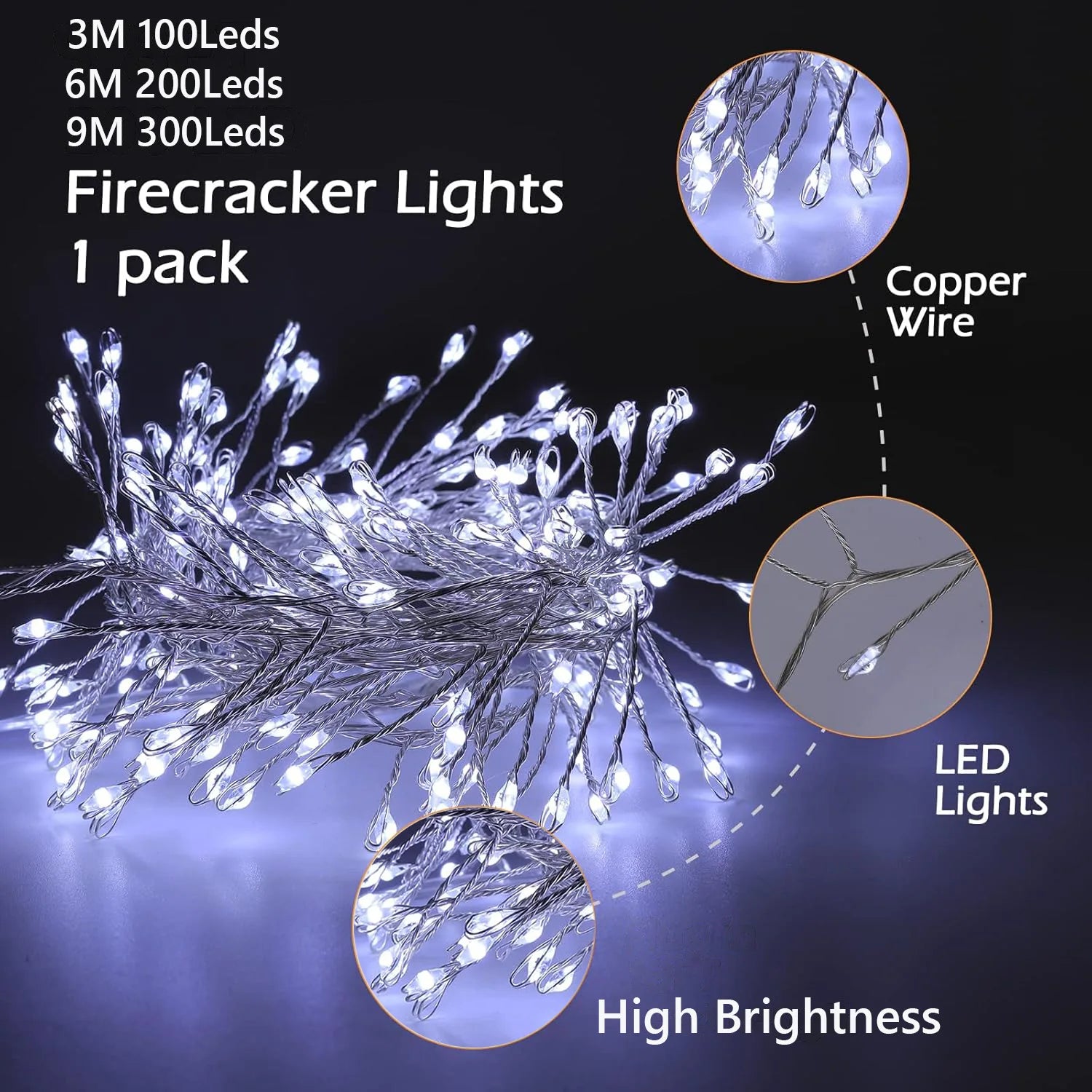 USB LED Firecracker String Lights 3/6/9M (9.8/19.7/29.5 ft) Remote-Controlled Fairy Garland for Wedding Party Garden Christmas
