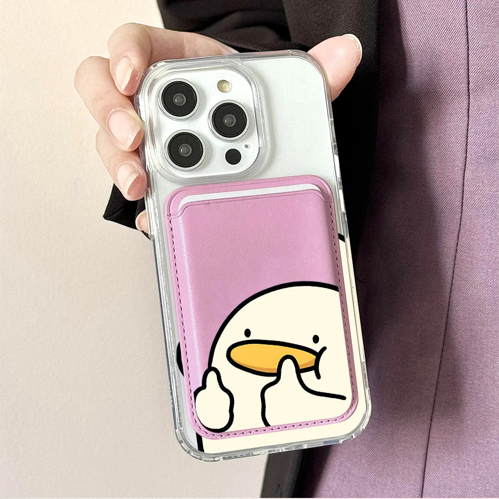 Cartoon Duck MagSafe-Compatible Clear Phone Case with Magnetic Leather Card Holder