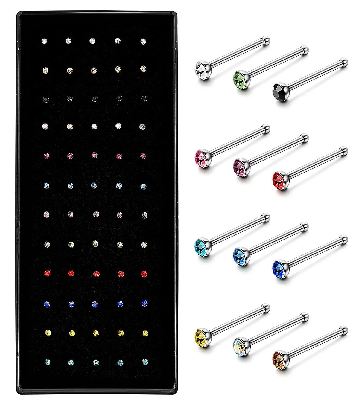 40/60-Piece Crystal 316L Stainless Steel Nose Piercing Kit - Straight L Studs & Helix Body Jewelry