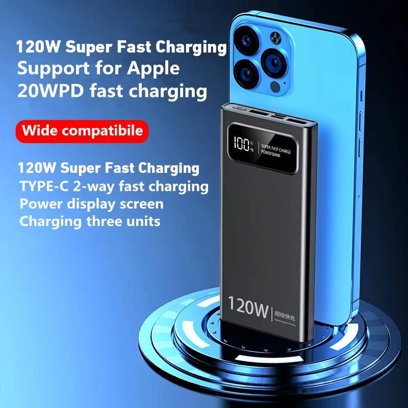 120W 200000mAh Digital Display Portable Power Bank - Fast Charger for Smartphones & Laptops (USB-A, USB-C, Micro USB)