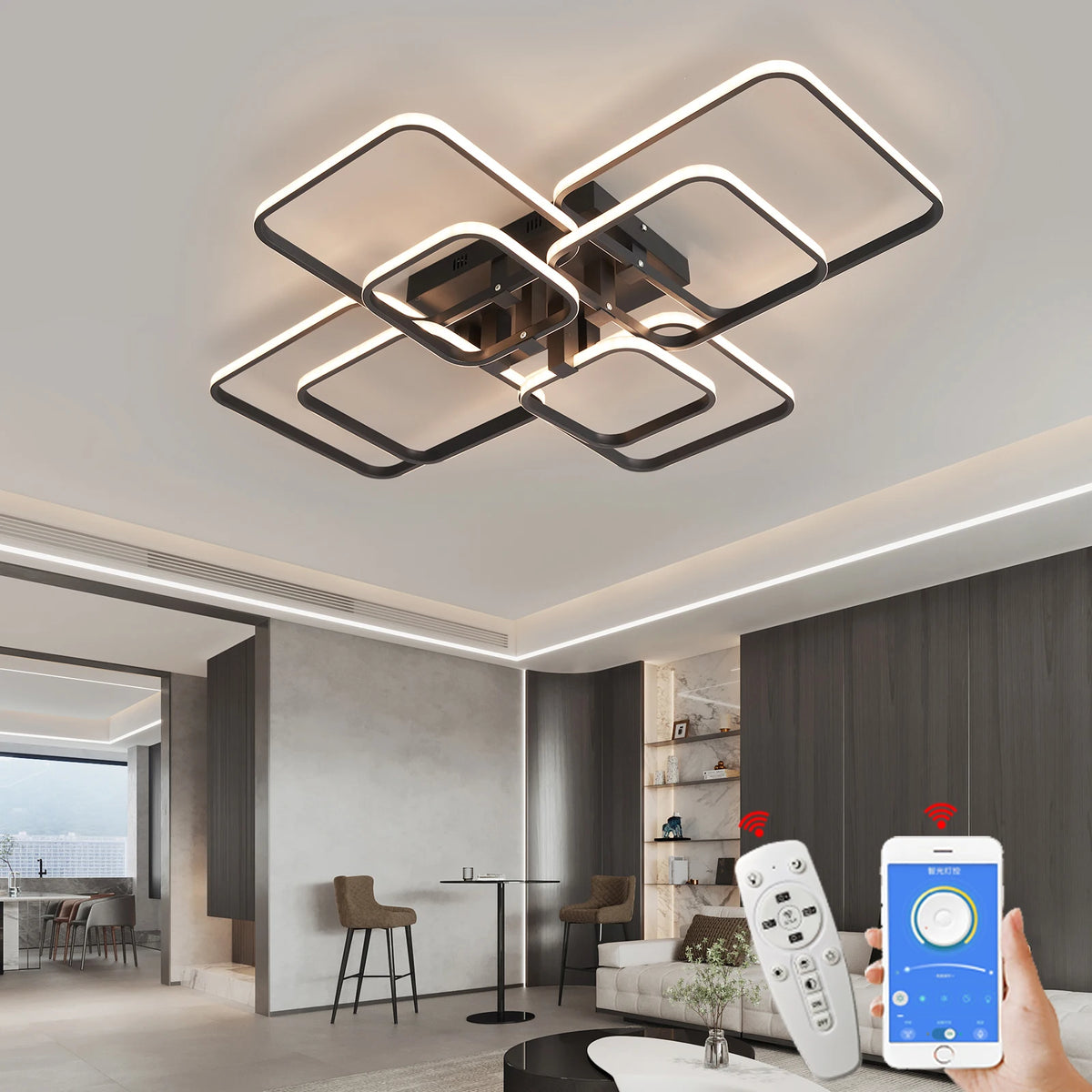 Modern LED Chandelier Dimmable Remote-Control Ceiling Light for Living Room Bedroom Study – Gold or Black, AC 90–260V