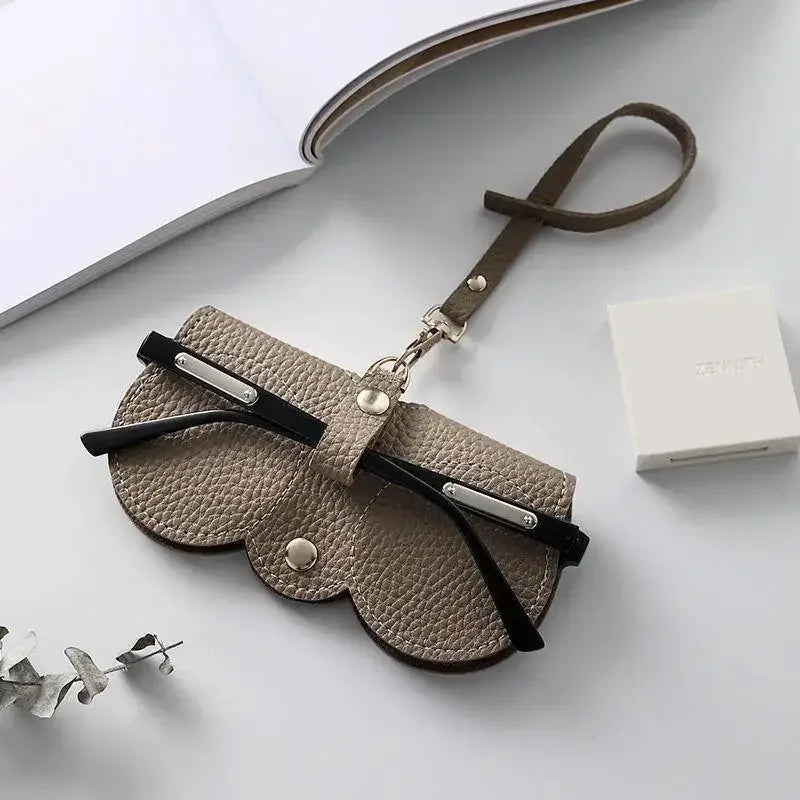 Litchi Embossed PU Leather Sunglasses Case with Hanging Strap Portable Eyewear Pouch for Sunglasses and Reading Glasses