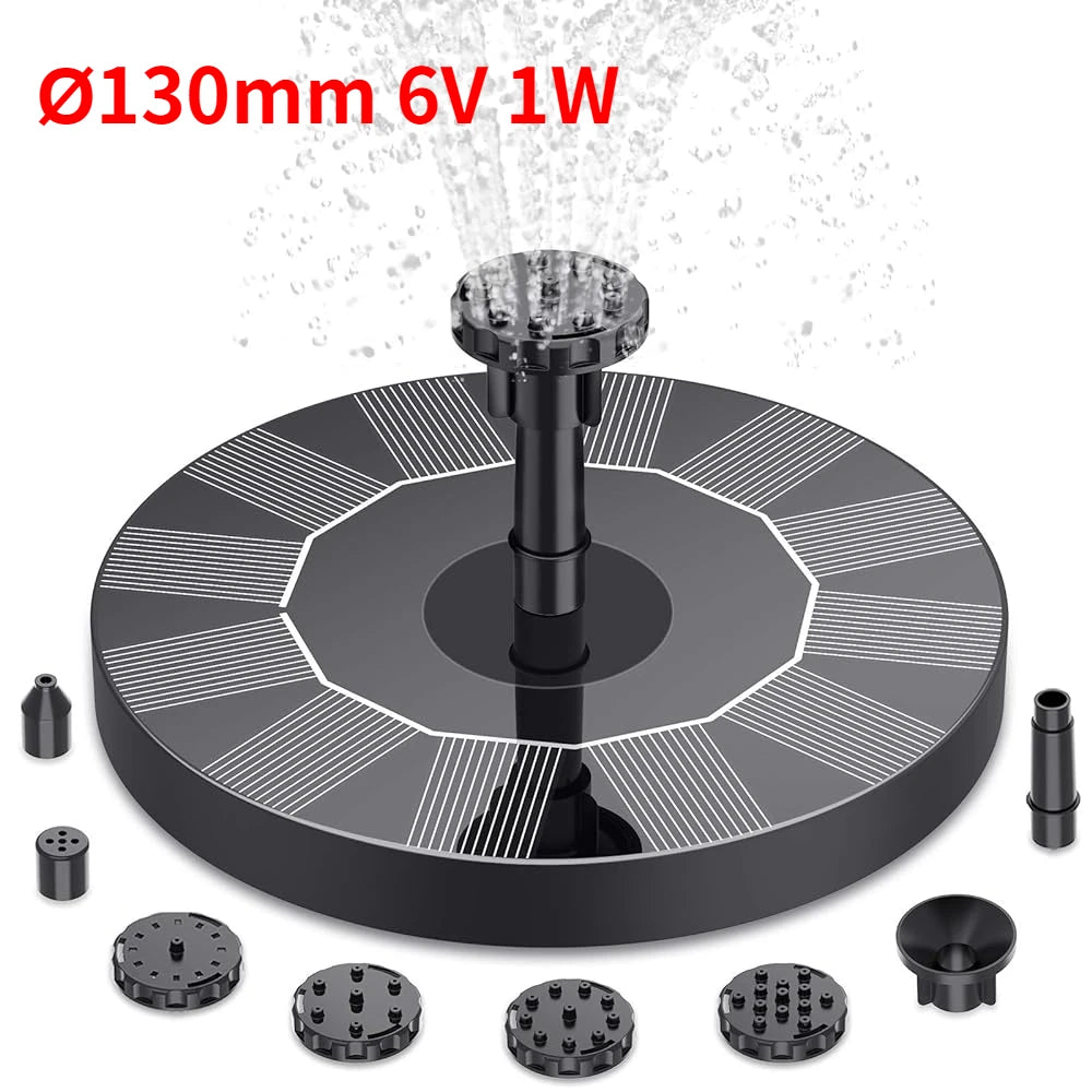 Solar Fountain Pump Kit for Garden Pond & Bird Bath — 1W, 1.5W, 2.5W with 6 Interchangeable Nozzles