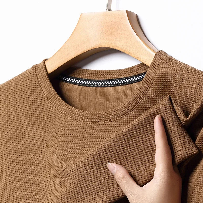 Men's Summer Waffle Knit Short Sleeve T-Shirt Round Neck Casual Breathable Tee