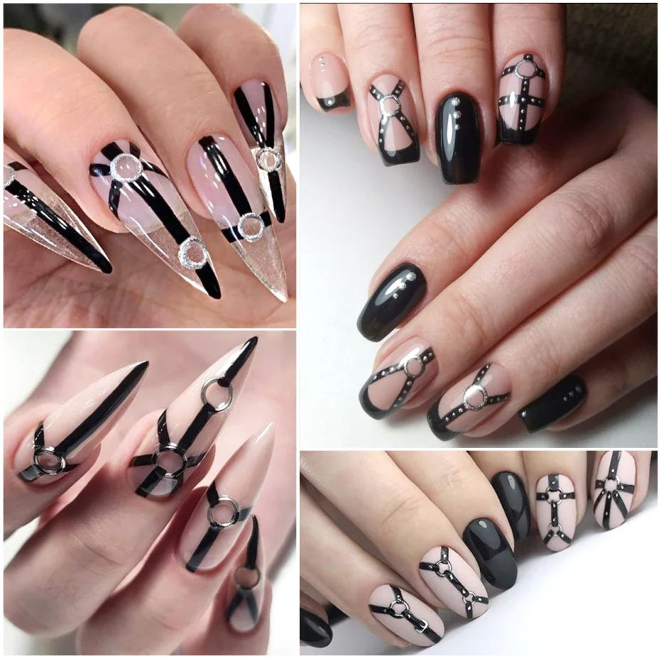 5D Gothic Punk Nail Stickers - Embossed Black Stripe Bandage Glitter Nail Decals (6×8 cm | 2.4×3.1 in)
