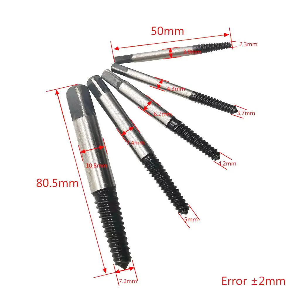 5-Piece Screw Extractor & Center Drill Guide Set – Broken Bolt and Damaged Screw Remover (1/8, 1/4, 5/16, 7/16, 9/16 in / 3.2–14.3 mm)