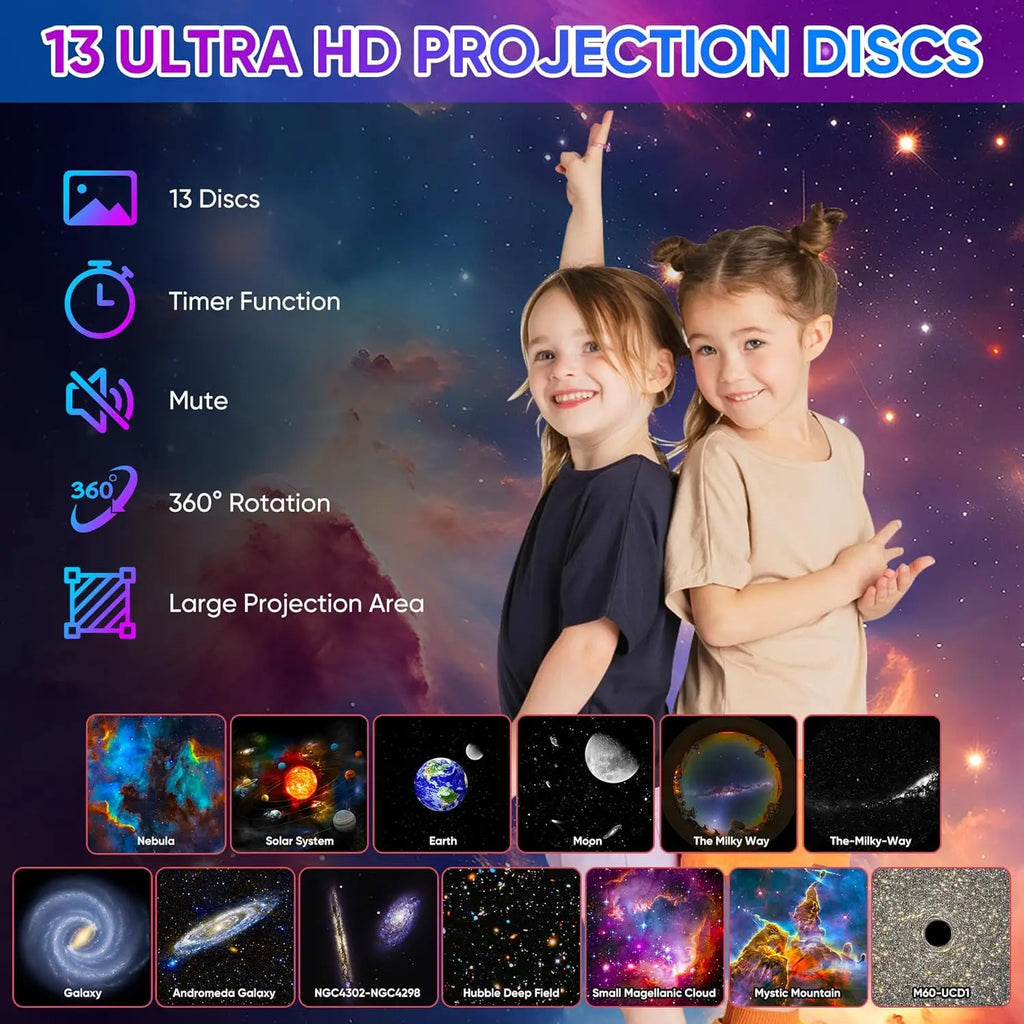 13-in-1 Galaxy Star Projector LED Night Light HD 360° Rotating Planetarium with 13 Discs & Timer for Kids and Adults