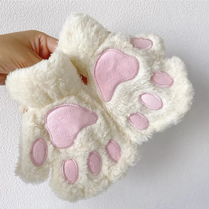 Cute Cat Paw Fingerless Mittens Plush Half-Finger Warm Fluffy Gloves for Women & Unisex